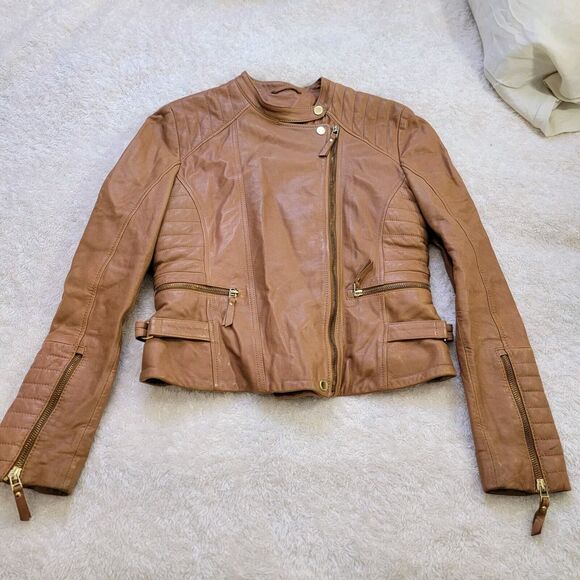 Massimo Dutti Leather Zip Moto Biker Fitted Jacket Tan Brown Women's Size M 4701 - Picture 1 of 16